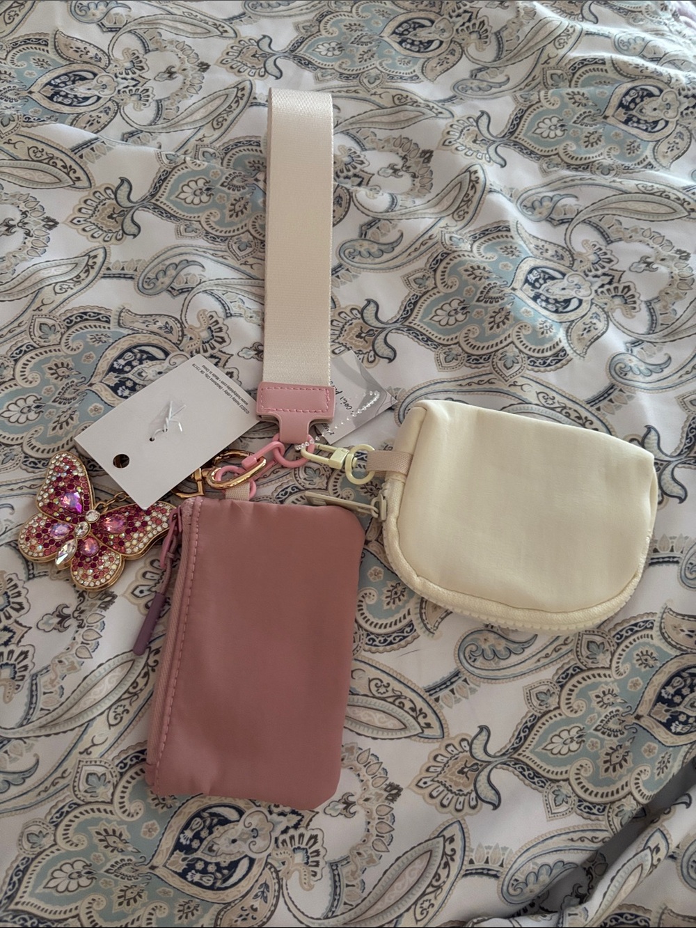 Pink and Cream Strap Key & Card Holder Set with Jeweled Butterfly